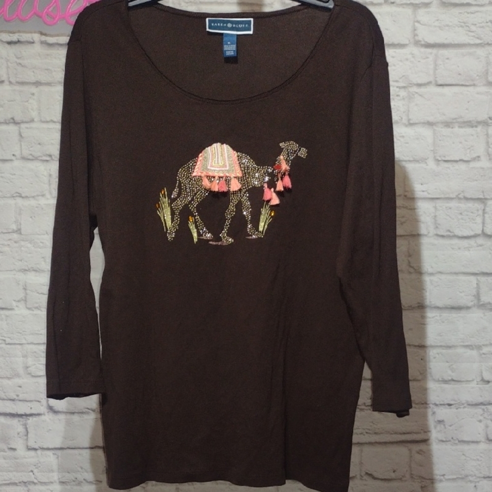 Karen Scott Brown Long Sleeve Top with Camel Design